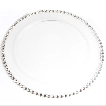 LCK006 clear Wedding Silver Beads Glass Plates Wholesale Silver Beaded Wedding Plates for Wedding Decoration