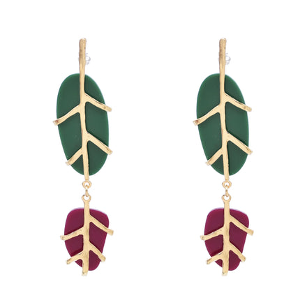 Colored Stone Pendant Earrings Cute Metal Leaf Earrings Unique Chic Jewelry
