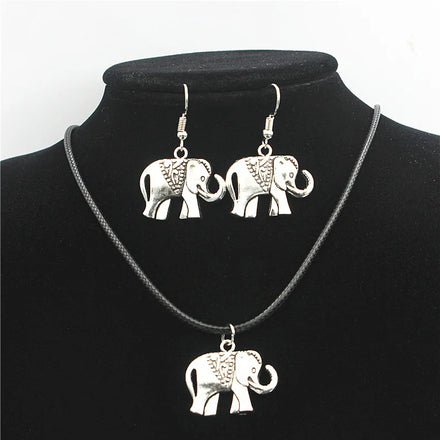 Europe America Fashion Beach Jewelry Set Boho Ethnic Silver Plated Elephant Pendant Necklace Drop Earrings Set for Women