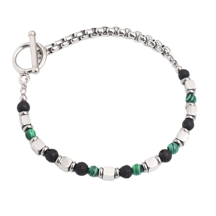 Fashion Trendy Lava Stone Bead Bracelet Men Stainless Steel Titanium Plated Adjustable Chain Toggle Clasp Jewelry Gift Business