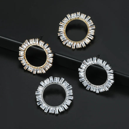 Wholesale Gold Plated Crystal Geometric Earrings Women Shiny Cubic Zirconia CZ Round Drop Earrings Bridal Jewelry