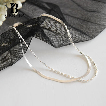 ICEBELA Fine Jewelry S925 Elegant Sterling Silver Women's Double-Layer Chain Snake Bone and Bead Ball Chain Anklet for Women