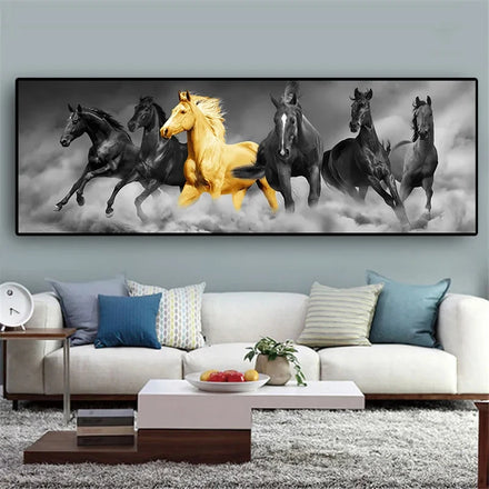 Black Gold Running Horse Canvas Wall Art Glass Crystal Mural Painting For Living Room Home Hotel Office Decoration