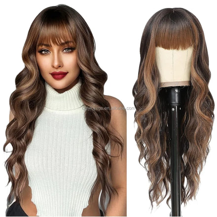 WH16 Hot Sales Bangs Wavy Curly Wigs Water Wave Wig Brown Blonde Auburn Heat Resistant Synthetic Wigs Daily Wear Women Hair