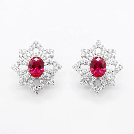 Europe and America Luxury Four-Claw Inlay Ruby Earrings 925 Silver Snowflake Women Earrings