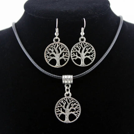 Fashion Silver Plated Lucky Tree Necklace Earrings Women Round Hollow Tree of Life Pendant Necklace Earrings Set for Mother