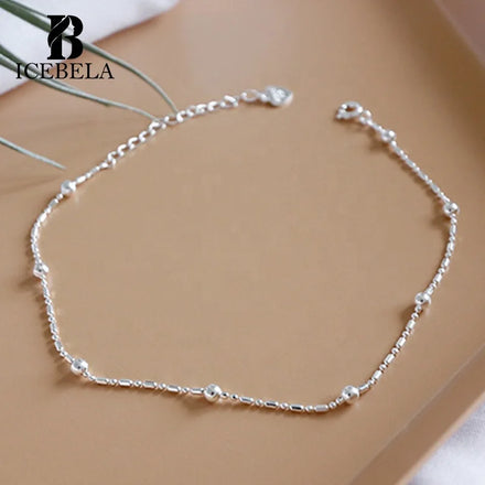 ICEBELA Fine Jewelry S925 Sterling Silver Summer Ankle Chain Female Classic Style Minimalist Round Bead Anklet for Women