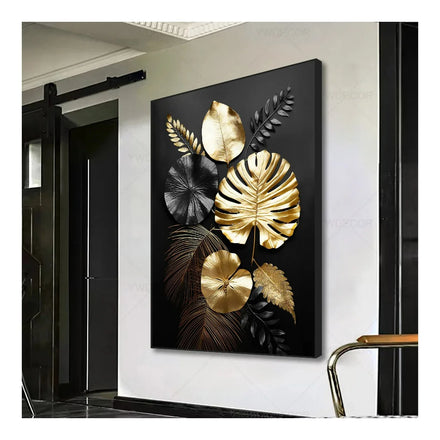 Home Decor Luxury Black Golden Plant Leaf Canvas Poster Print Abstract Wall Art Hanging Painting