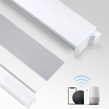 No Drill Remote Control Operated Light Filtering Automatic Google Smart Sun Shade Motorized Zebra Blinds for Window