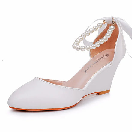 7.0 cm Platform High Heel Bridal Sandals Bowknot Pearl Strap Heels Pointed Toe Wedding Bride White Wedge Sandals