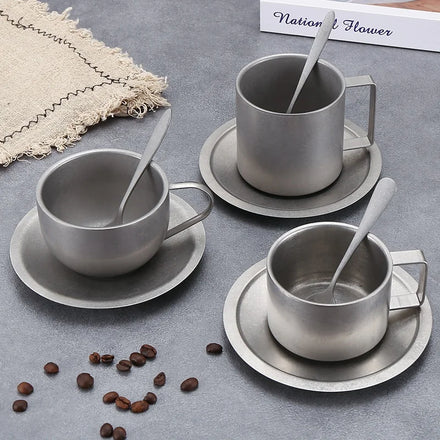 Customized logo Stainless Steel Coffee Cup Multi Size Vintage Milan Coffee Cup with Plate and Spoon Reuse Bilayer Coffee Cup Set
