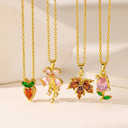 Tarnish Free No Fade Chain Necklace for Women Gold Plated Sparkling Zircon Leaves Flower Charm Stainless Steel Clavicle Necklace