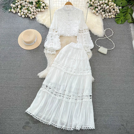 Wholesale 2026 Spring New Retro Palace Style Lantern Sleeves Standing Neck Hollowed Lace Top High Waist Skirt Women's Set