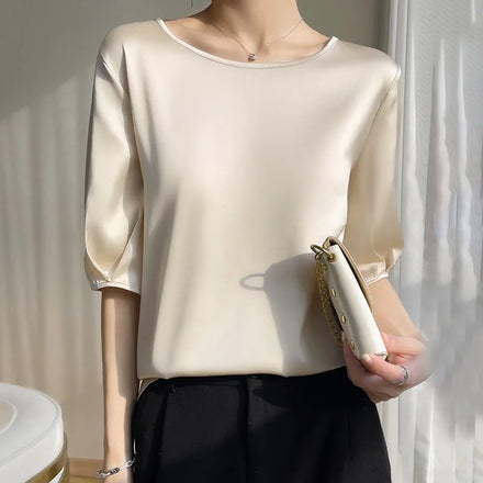 Boutique Wholesale 2026 Spring New Round Neck Loose Solid Color Acetate Satin Versatile Women's T-shirt
