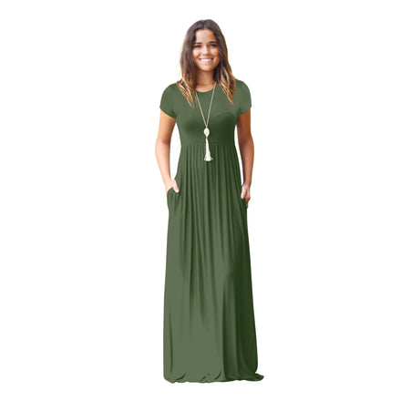 Women's Fashion Bestseller Short Sleeved Round Neck Casual Pocket High-quality Dress Long Skirt