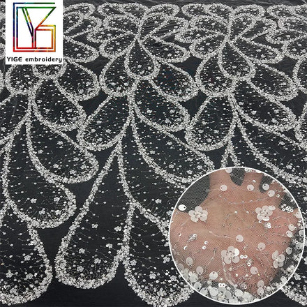 Luxury French Wedding Bridal Beaded Lace Fabric Sequins Embroidery Net Fabric Dress Tulle Beads Lace Fabric