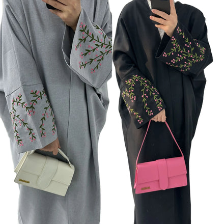 Plain Gray Black Color Open Long Style Embroidery Leaf Sleeve Muslim Women Eid Linen Abaya