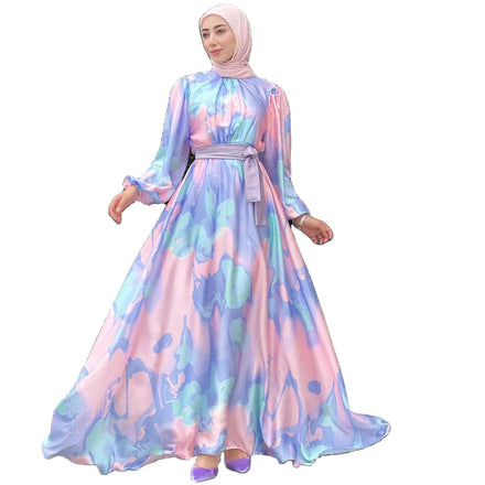 2025 Dubai American Europe Modest Clothing Fashion Flower Printing Muslim Long Sleeve Maxi Dress for Women