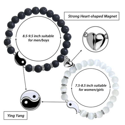 Black White Couple Beaded Bracelet Set Yin Yang Bagua Frosted Black Turquoise Heart-shaped Trendy Fashion Jewelry Bangle