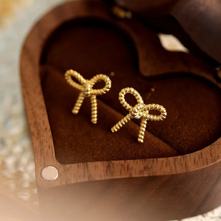 18K Ribbon Bow Stud Exquisite 925 Sterling Silver Bow Knot Earrings Women Cute Jewelry