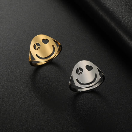 Peace Symbol Love Eyes Smile Face Ring for Women Girl Fashion Party Waterproof Finger Stainless Steel Jewelry
