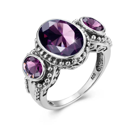 Vintage Wholesale 3 Stone Purple Amethyst Crystal 2024 Jewelry Fine Gift 925 Silver Ring Men