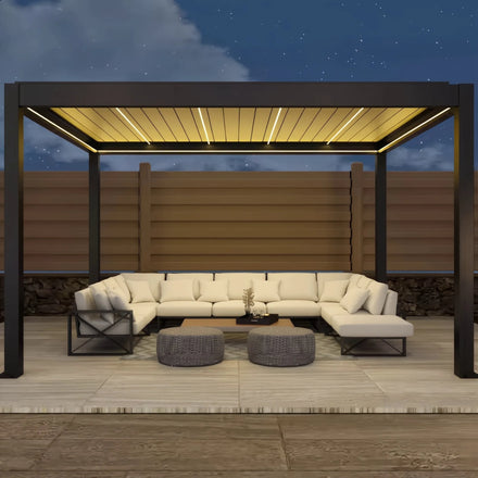 Motorized Outdoor Waterproof Aluminum Bioclimatic Gazebo Pergola Roof LED Light Eco-Friendly 180-220KM/H Wind Resistant Powder