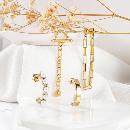 HOVANCI 18K Gold Plated Gift Party Trendy Pearl Stud Earrings Stainless Steel Jewelry Long Tassel Chain Earrings
