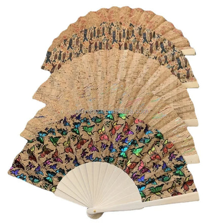 Wholesale 23cm Classic Retro Spanish Style Cork Hand Folding Fan Portable Wedding Gift in Wooden Bamboo with Bark Texture