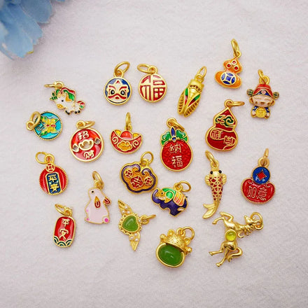 JS1717 Dainty Chinese Elements Matte Gold Plated Brass Enamel Lucky Medal Charms with Natural Jade Charms for Bracelet Making