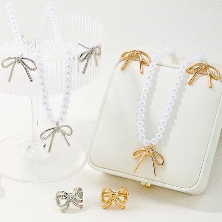 2024 New Design Silver Gold Plating Bowknot Shape Necklace Wholesale Women Pearl Necklace Ring Earrings Jewelry Set