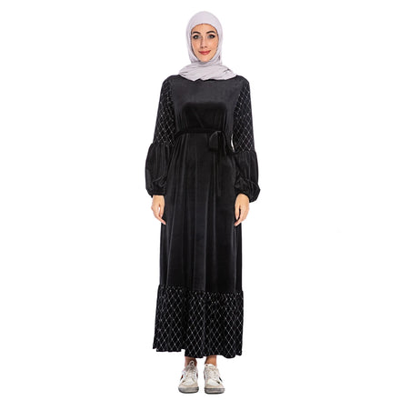 Plain Blue Red Color Velvet Fabric Long Classic Style O Neckline Elastic Cuff Gold Stamping Grid Muslim Women Abayas