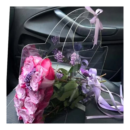 Beautiful Cheap Custom Clear Plastic Flower Carrier With Purple Ribbon