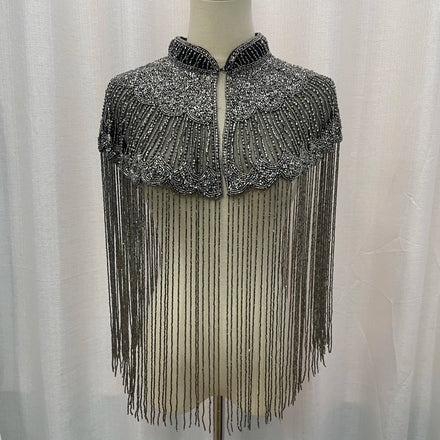 Silver Beads Black Mesh Handmade Beaded Tassel Collar for