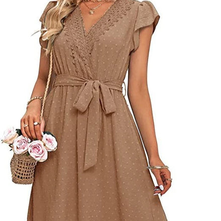 2024 Summer New Women's Lace Lace V-neck Dot Tied Flying Sleeves Dress