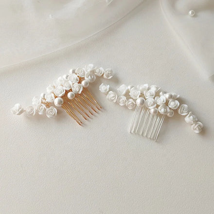 Romantic Rose Flower Headpiece Shell Pearl Hair Comb Accessories Bridal Wedding Jewelry for Women Girls