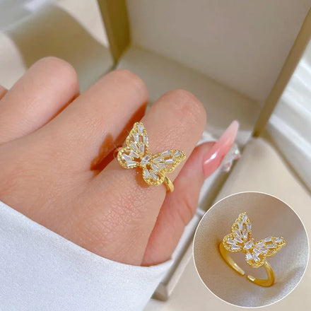 Ladies Brass Bling CZ Real 18k Gold Butterfly Finger Ring Dainty Zircon Butterfly Ring Adjustable
