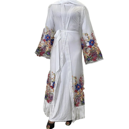 Embroidery Flower Pattern Transparent Lace Long Open Classic Muslim Latest Fashion Lace Design Abaya