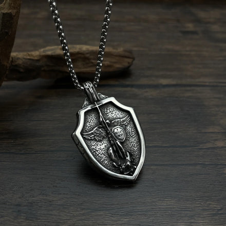 Men's Stainless Steel Flying Angel Warrior Shield St Michael Rosary Pendant Necklace the Archangel Protect Us Token Necklace