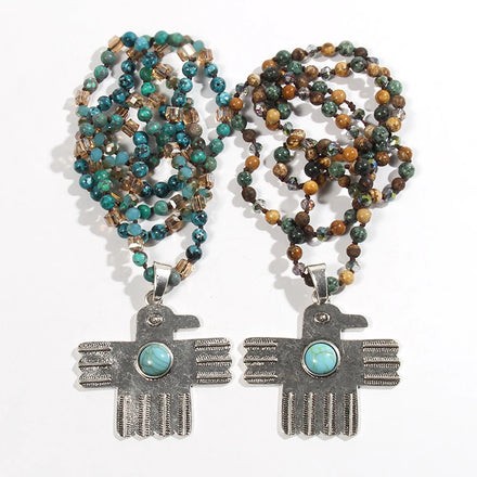 Vintage Bohemian Ethnic Style 6mm Natural Stone Glass Knot Necklace Ancient Silver Turquoise Eagle Pendant Necklace