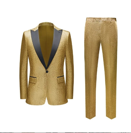 Chic Shiny Men's Suit Set Slim Host Performance Formal Blazer Pants Custom Gold Wedding Gown Christmas Party Dress Mont Erkek
