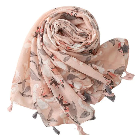 Pink Color Light Weight Women Fashion Scarves Spring Floral Style Lady Viscose Cotton Shawls with Tassels