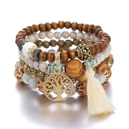 Wholesale Elastic Women Girls Bohemian Summer Multi Layer Wood Beaded Bracelets