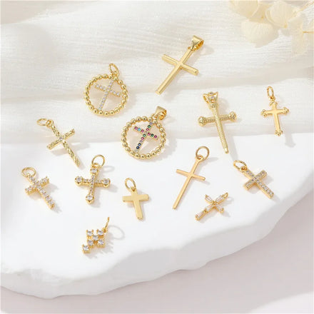 Wholesale Custom Jewelri Findings Gold Plated Charm Zircon Cross Pendant Glossy Cross Charms for Jewelry