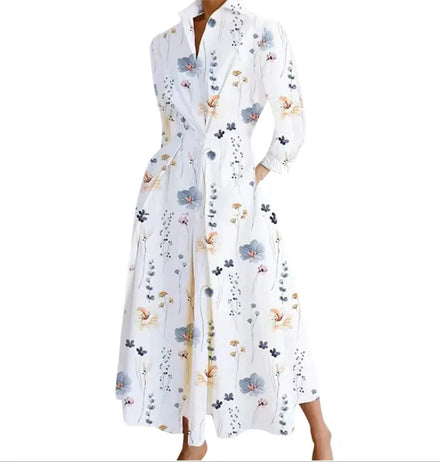 Autumn Dress Long Sleeve Dot Print Elegant Maxi Dresses for Women White Casual V Neck Shirt Party Long Dress Robe Femme