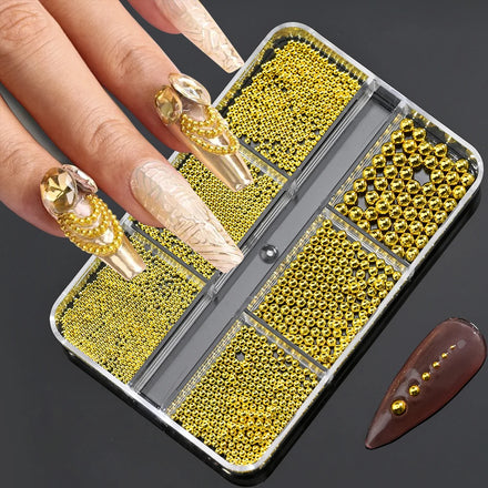 6Grids Gold Metal Beads Nail Charms Mini Caviar Bead Stainless Steel Nail Decorations 1/1.5/2/3mm Mixed Beads Nail Rhinestones