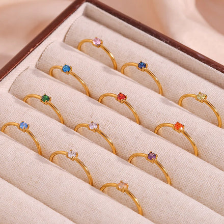 Luxury 18K Gold Plated Stainless Steel Ring Creative Waterproof Thin Circle 12 Month Round Zircon Birthstone Ring for Women