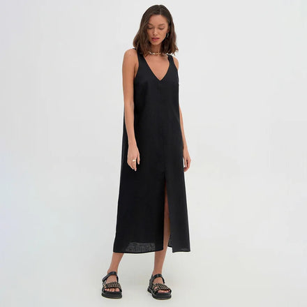 Women Casual V Neck Open Back Split Sleeveless Dress