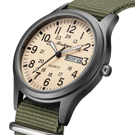BOSHIYA Men's Minimalist Three Hand Quartz Field Watch Waterproof Outdoor Sports Nylon Strap Imported Alloy Glass Fashionable