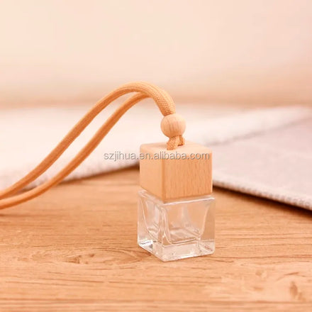 Wholesale Hot Stock 8ml Square Shape Car Perfume Bottle Wooden Lid Screw Cap Eco-Friendly Recyclable Empty Glass Air Freshener